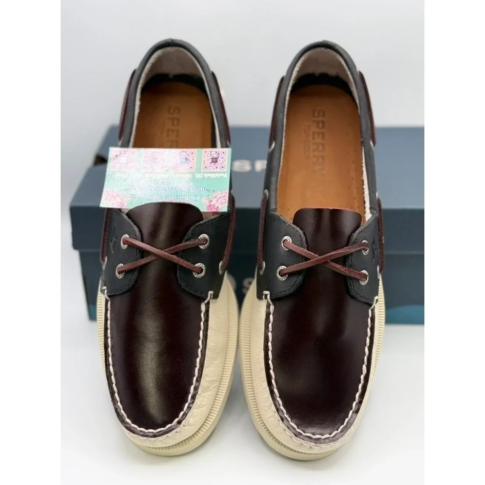 Sperry Top-Sider AO 2-Eye Boat Shoe Cream/Brn Combo Leather Mens Size 11.5 NWT